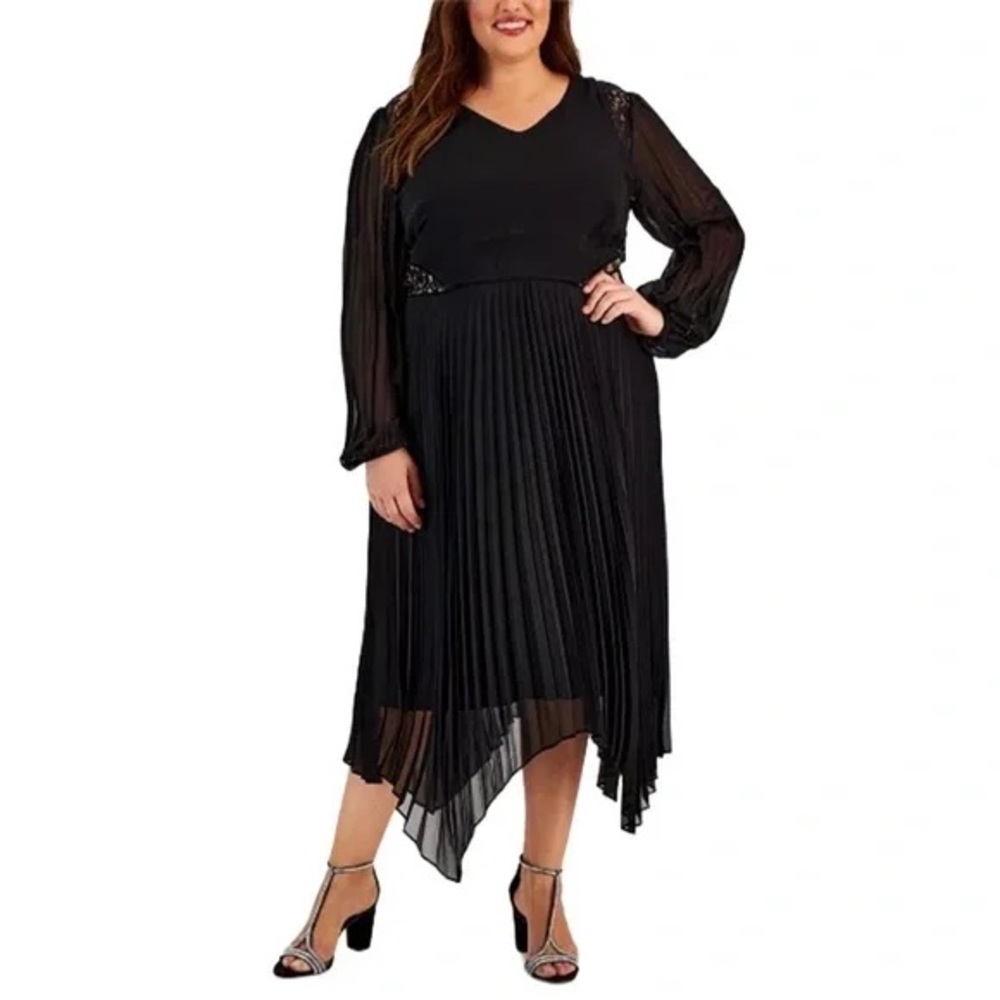NWT Taylor Womens Black Lace Trim Pleated Handkerchief Chiffon Dress Size 16W